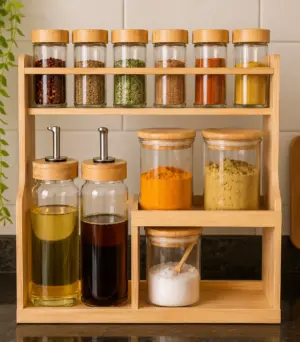 Premium Bamboo Kitchen Organizer Rack with Spice Jars & Oil Dispenser Set