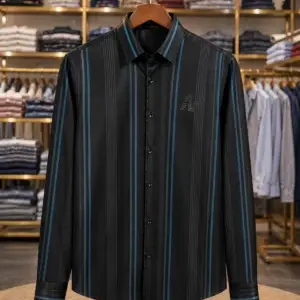 Men’s Luxury Vertical Striped Shirt – Black & Blue Full Sleeve Smart Outfit