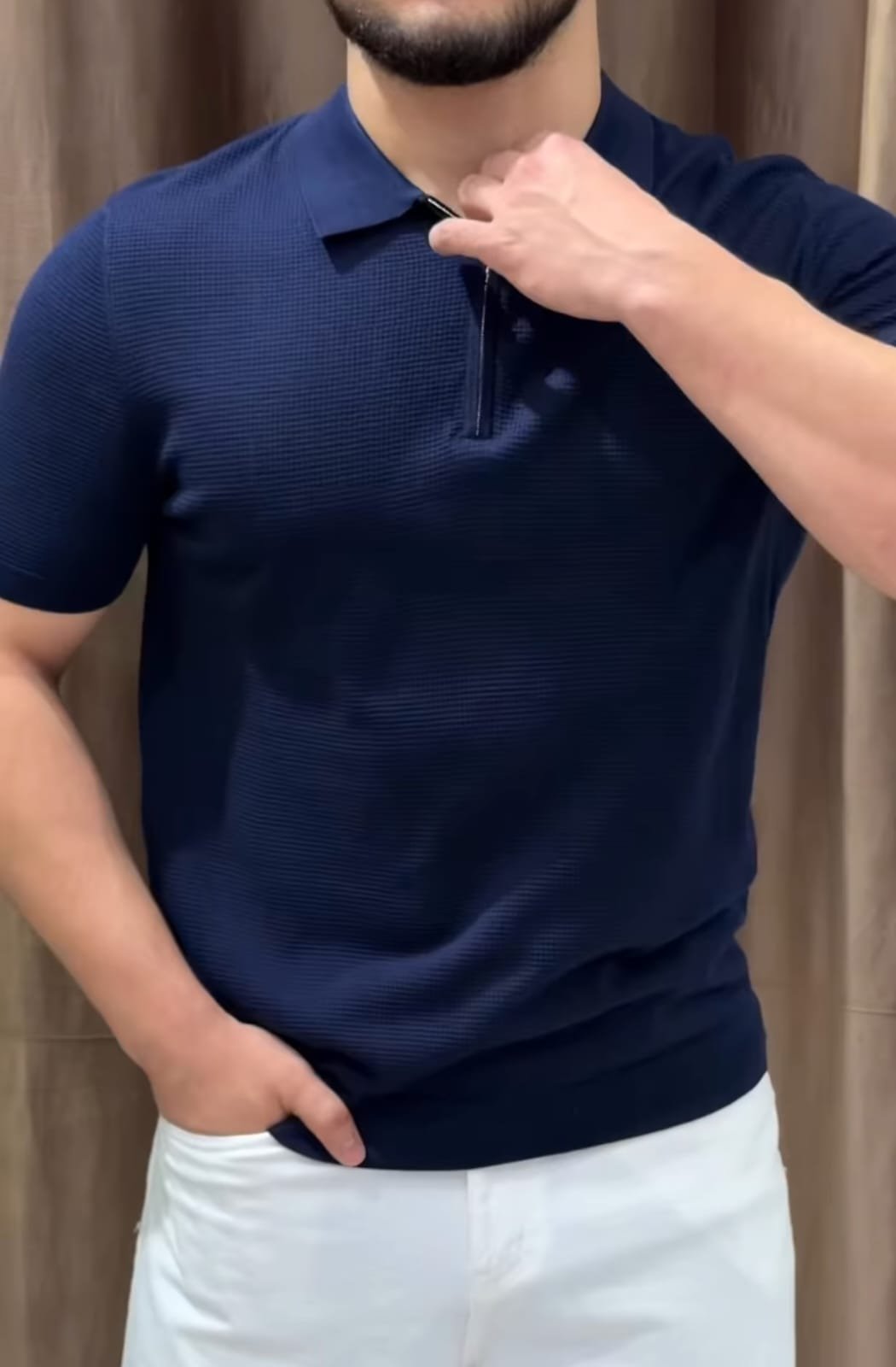 Navy Knitted Zip Polo T-Shirt