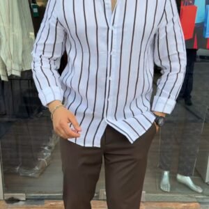 White & Brown Striped Linen Shirt Combo