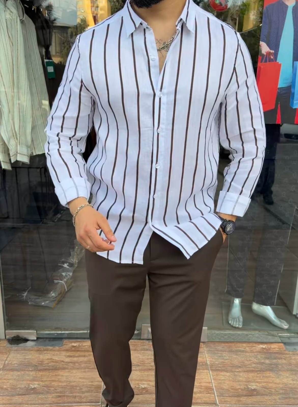 White & Brown Striped Linen Shirt Combo