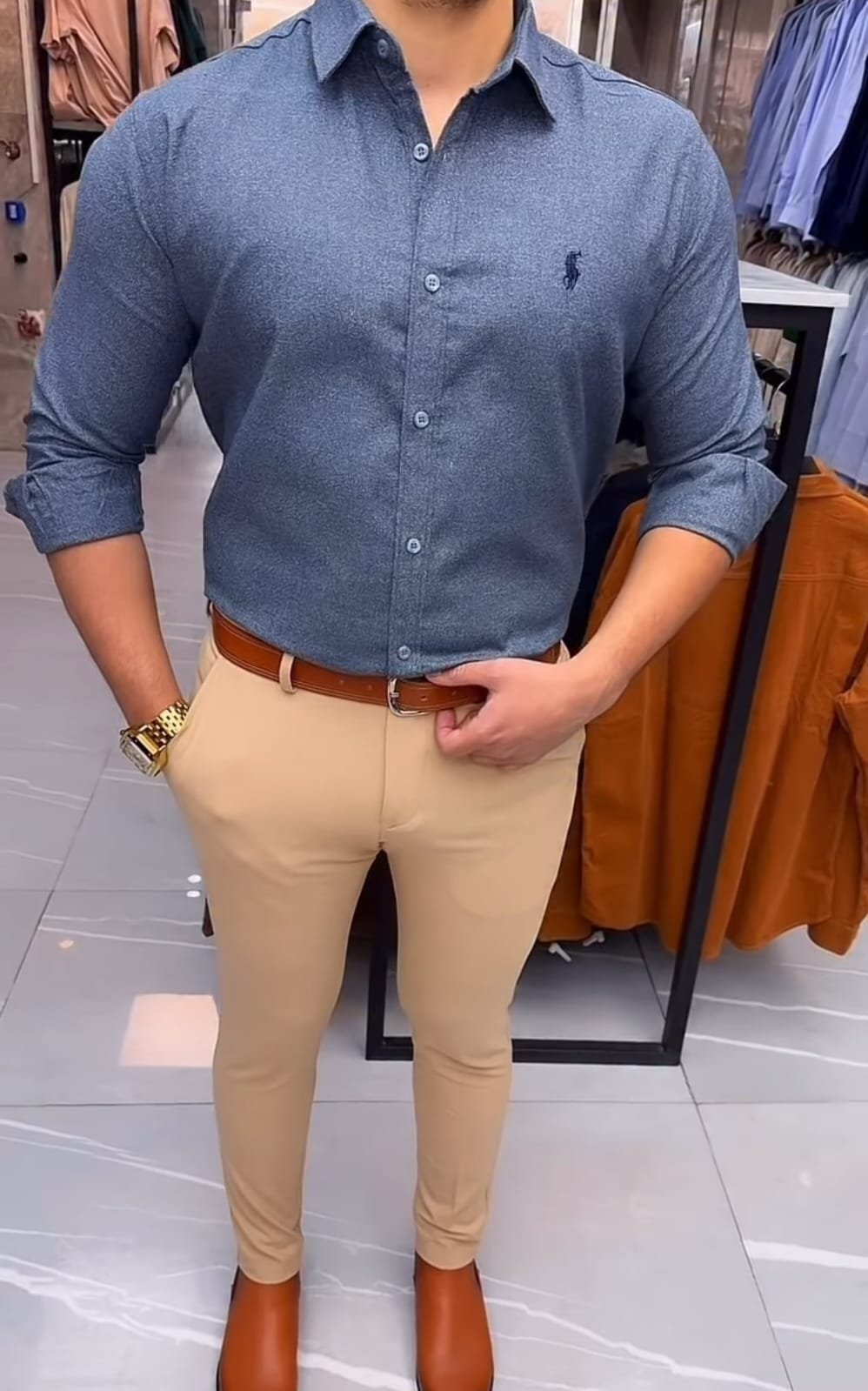 Blue Melange Cotton Shirt Combo