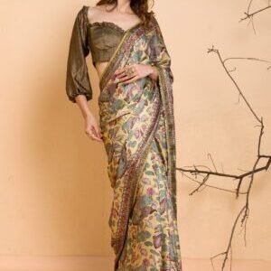 Pink Floral Printed Semi Crepe Designer Saree