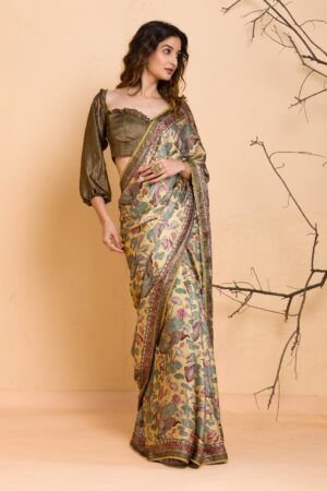Yellow Floral Printed Organza Designer Saree