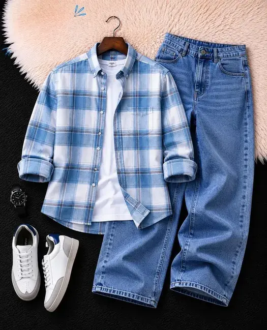 Men's Sky Blue Checked Shirt with Light Blue Wide-Leg Denim Jeans Combo