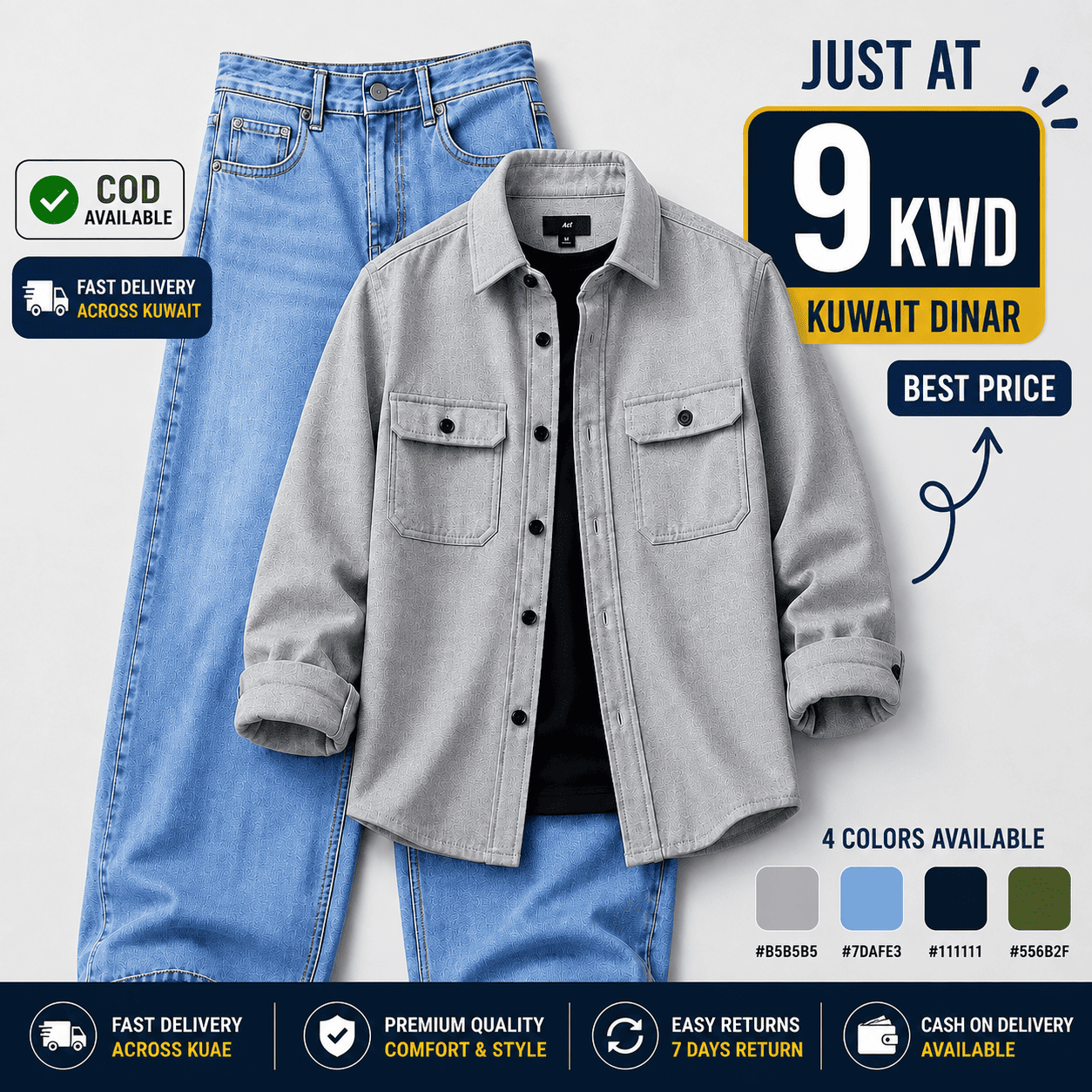 Premium Light Grey Casual Shirt & Sky Blue Denim Jeans Combo