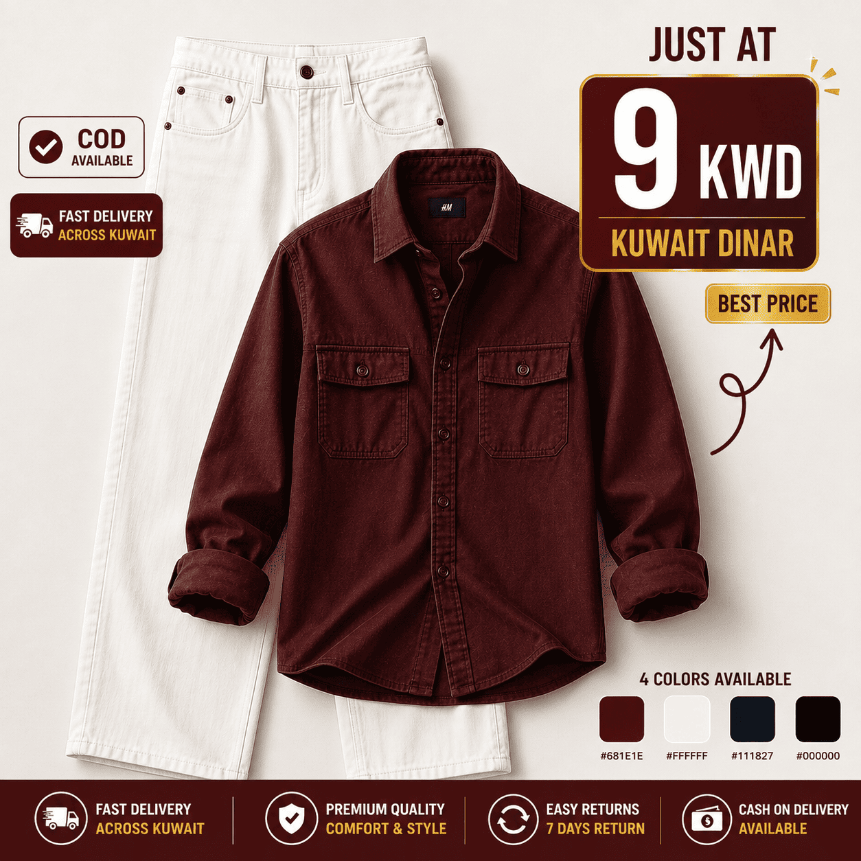 Premium Maroon Casual Shirt & White Denim Jeans Combo